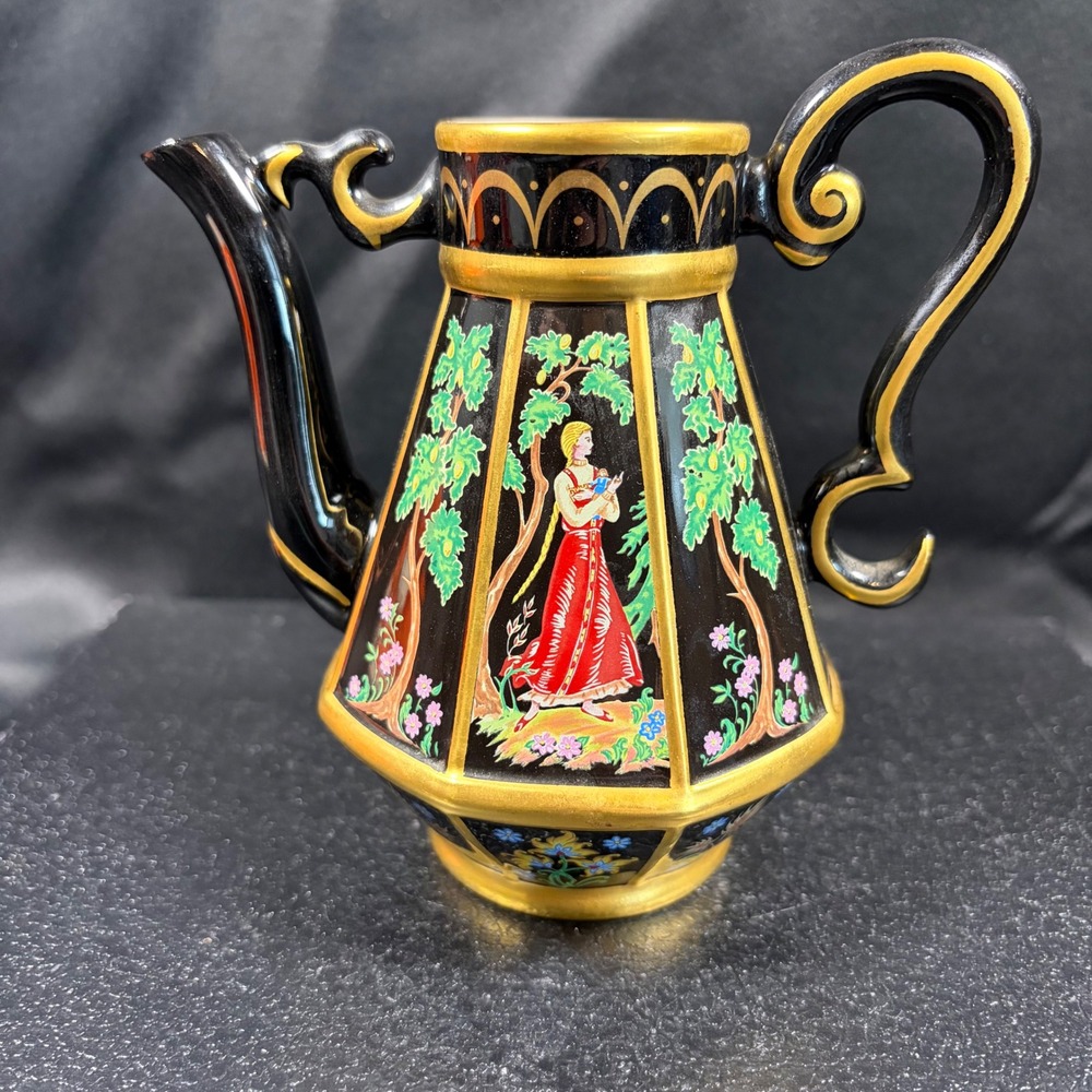 Franklin Mint Fine Porcelain Teapot Black Gold Garden Maiden Miniature No Lid